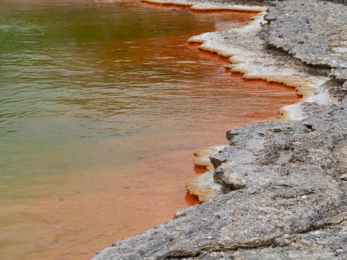 Striking geothermal pool with orange and green hues at Wai-O-Tapu Thermal Park, Rotorua.