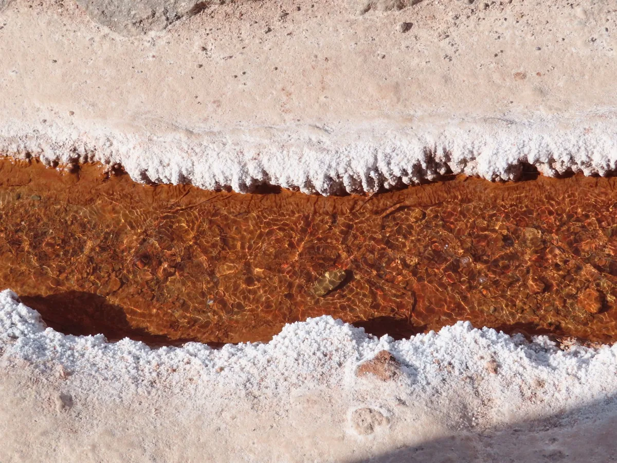 Detailed view of a mineral-rich creek surrounded by salt deposits.